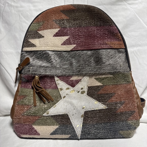 Myra Bag Handbags - Myra Bag Multi-Colored Canvas Cowhide Leather Backpack Purse W/Adjustable Straps